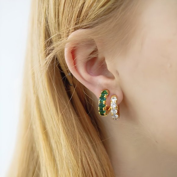 Emerald Huggie Hoop Earrings, Emerald Hoop Earrings, Green Gem Earrings - Picture 7 of 9